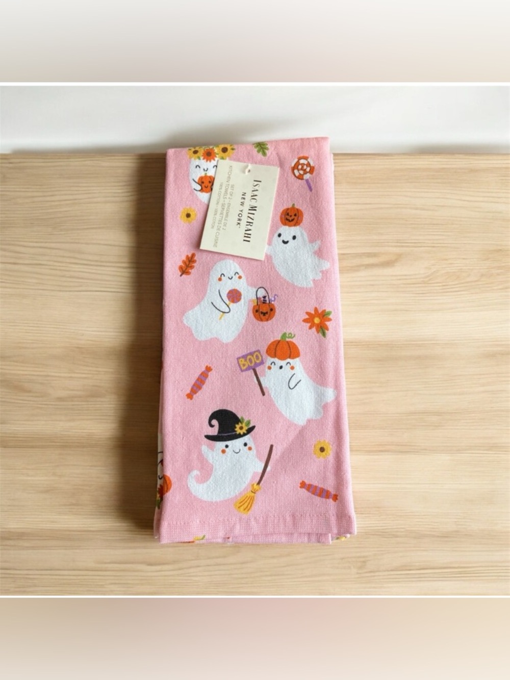 NEW Isaac Mizrahi Pink Halloween Ghost Towel Set of 2 Pumpkin BOO Candy Spooky